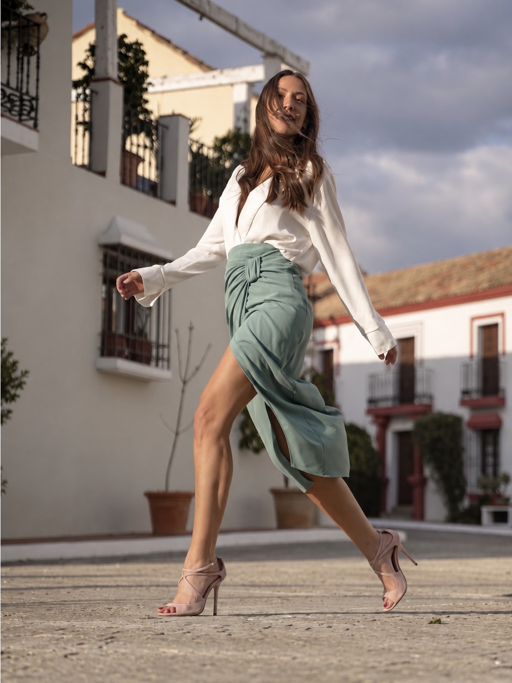 NWT Zara Sea Green Ruched Knot Midi Skirt—Size S